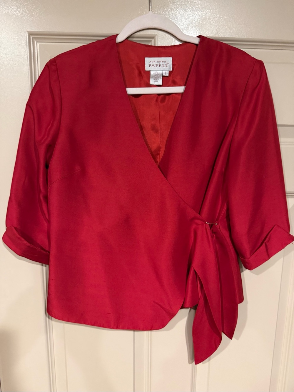 100% Silk Vintage Adrianna Papell Red Wrap Tie-Front Blouse